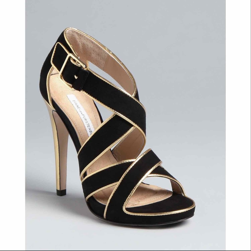 DVF Jodi Black and Gold Suede Platform Sandals 7.5